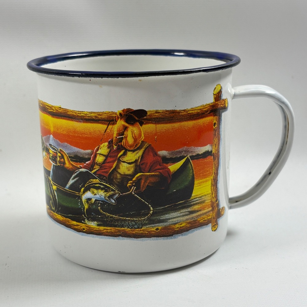 Vintage Joe Camel Joes Fish & Game Club Enamel Tin Mug White Blue Rim 1993 RJRTC